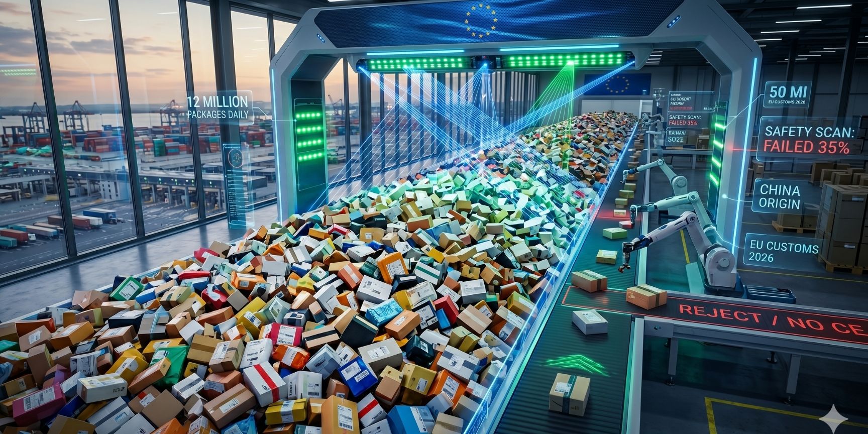 Automated EU customs scanner processing a massive flood of e-commerce packages. Automated EU customs scanner processing a massive flood of e-commerce packages.
