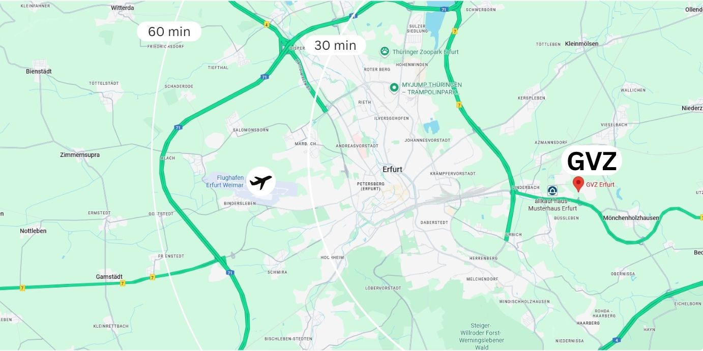 Karte von Erfurt: Straßennetz, Autobahnen und Flughafen Erfurt mit Anbindungen