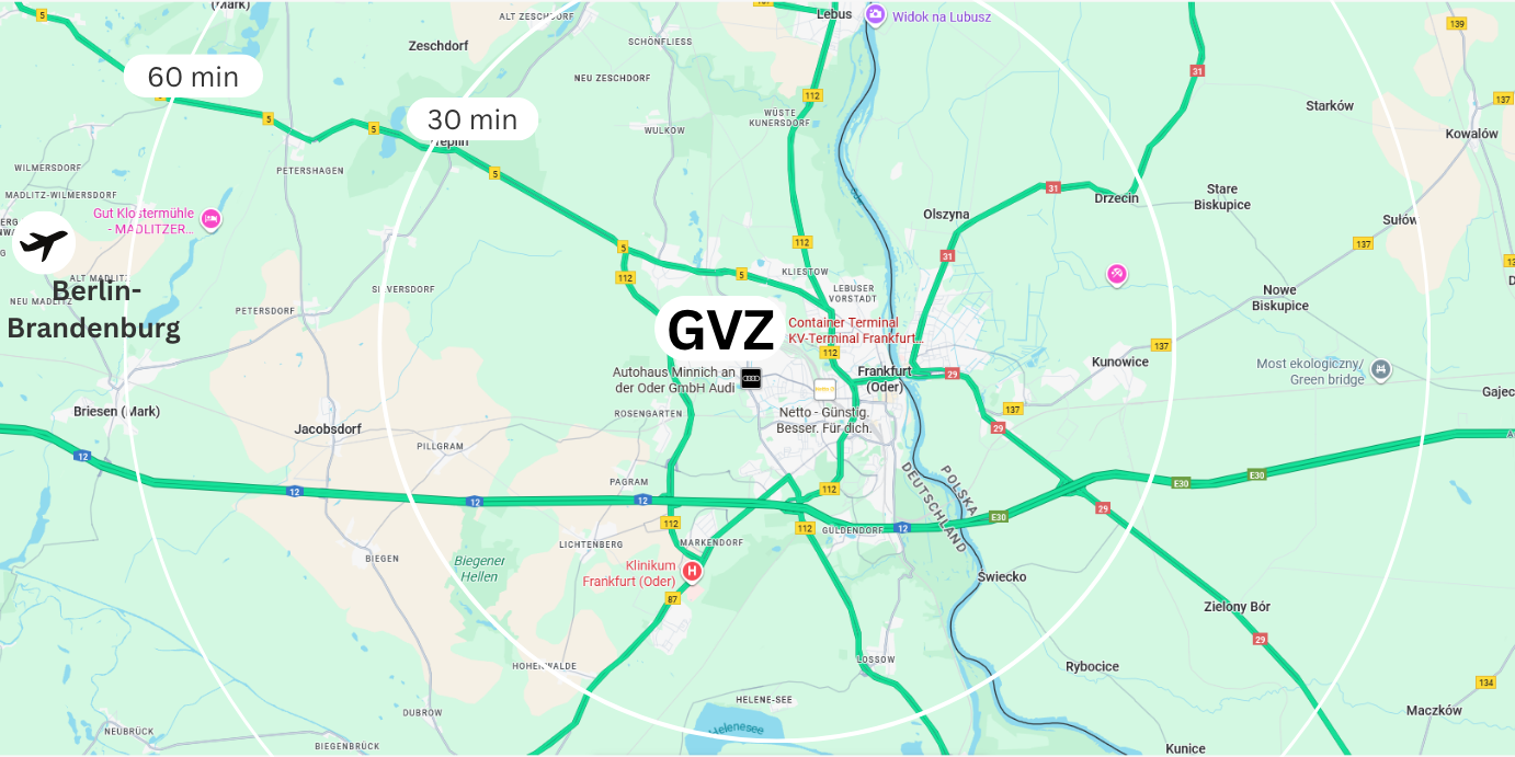 Karte von Frankfurt Oder: Straßennetz, Autobahnen und Flughafen Anbindungen