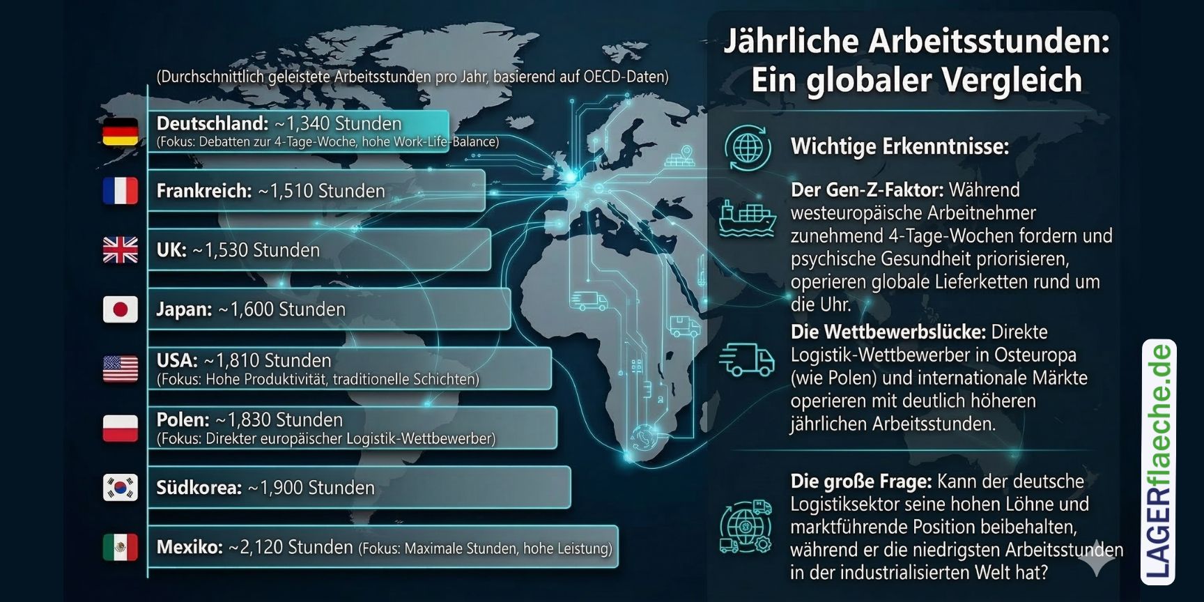 Infografik mit Weltkarte und Balkendiagramm: Vergleich der jährlichen Arbeitsstunden weltweit, wobei Deutschland mit rund 1.340 Stunden deutlich hinter Wettbewerbern wie Polen oder den USA liegt.