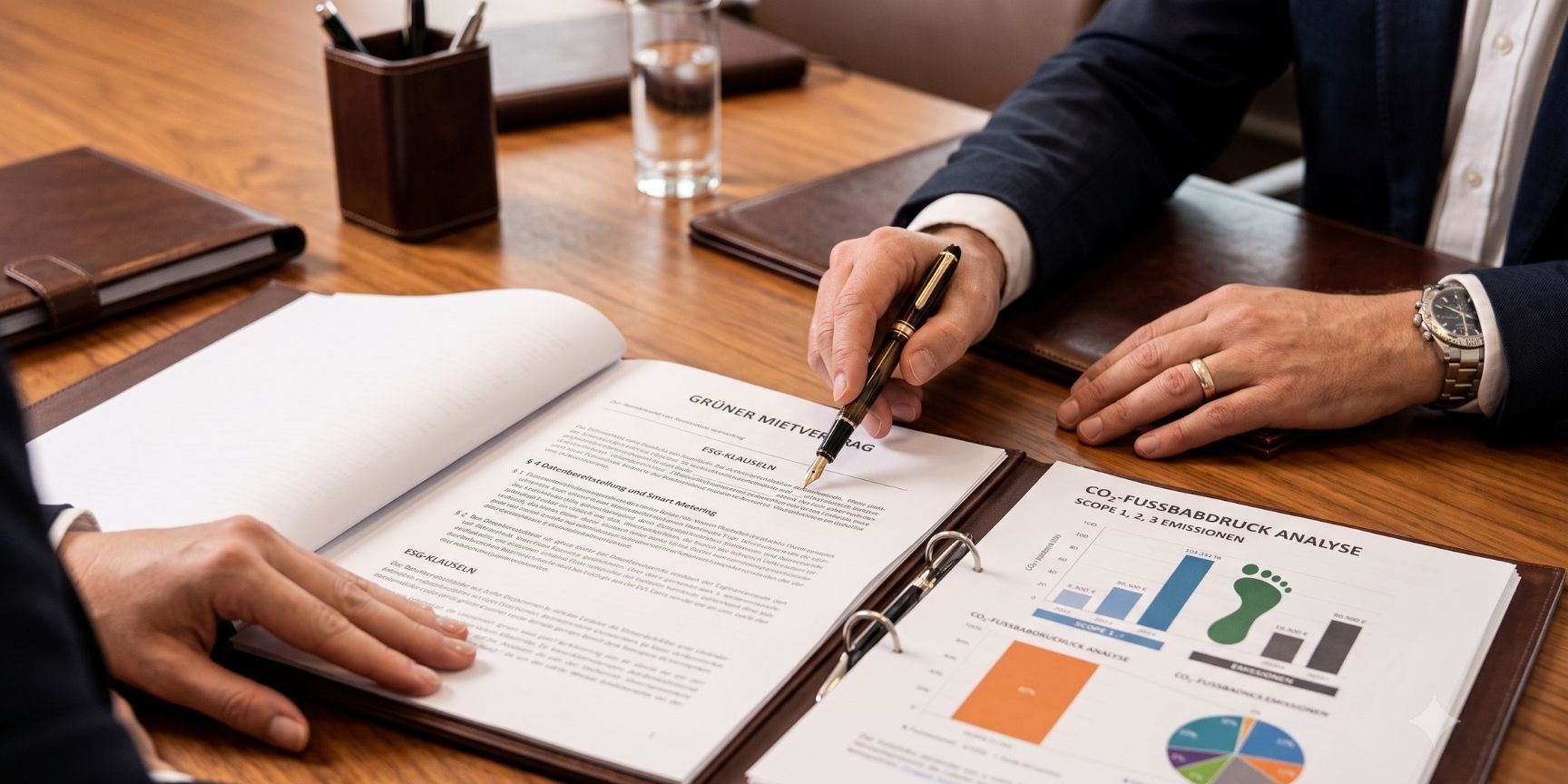 A close-up of a green lease agreement for logistics real estate, focusing on ESG data and carbon footprints, on a conference table. A close-up of a green lease agreement for logistics real estate, focusing on ESG data and carbon footprints, on a conference table.