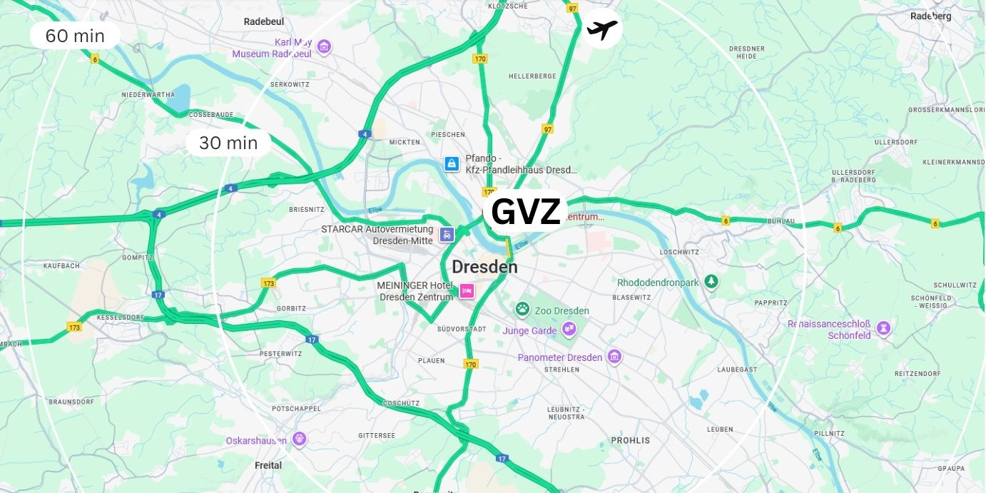 Karte von Dresden: Straßennetz, Autobahnen und Flughafen Dresden mit Anbindungen