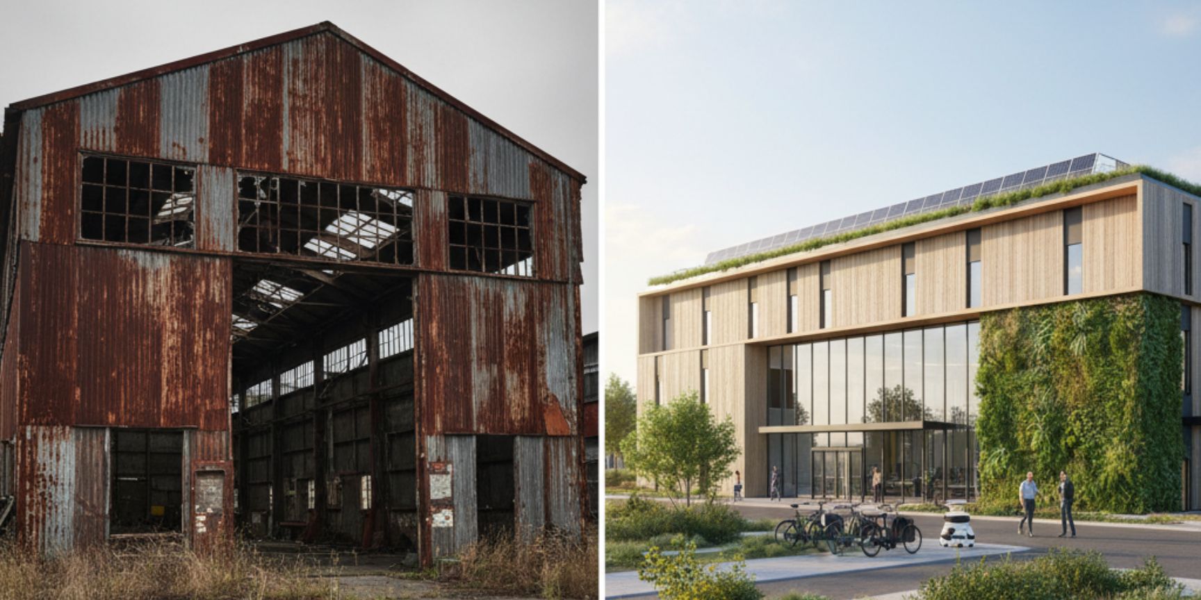Modern logistics hall on revitalized brownfield industrial land as an example of sustainable land use.