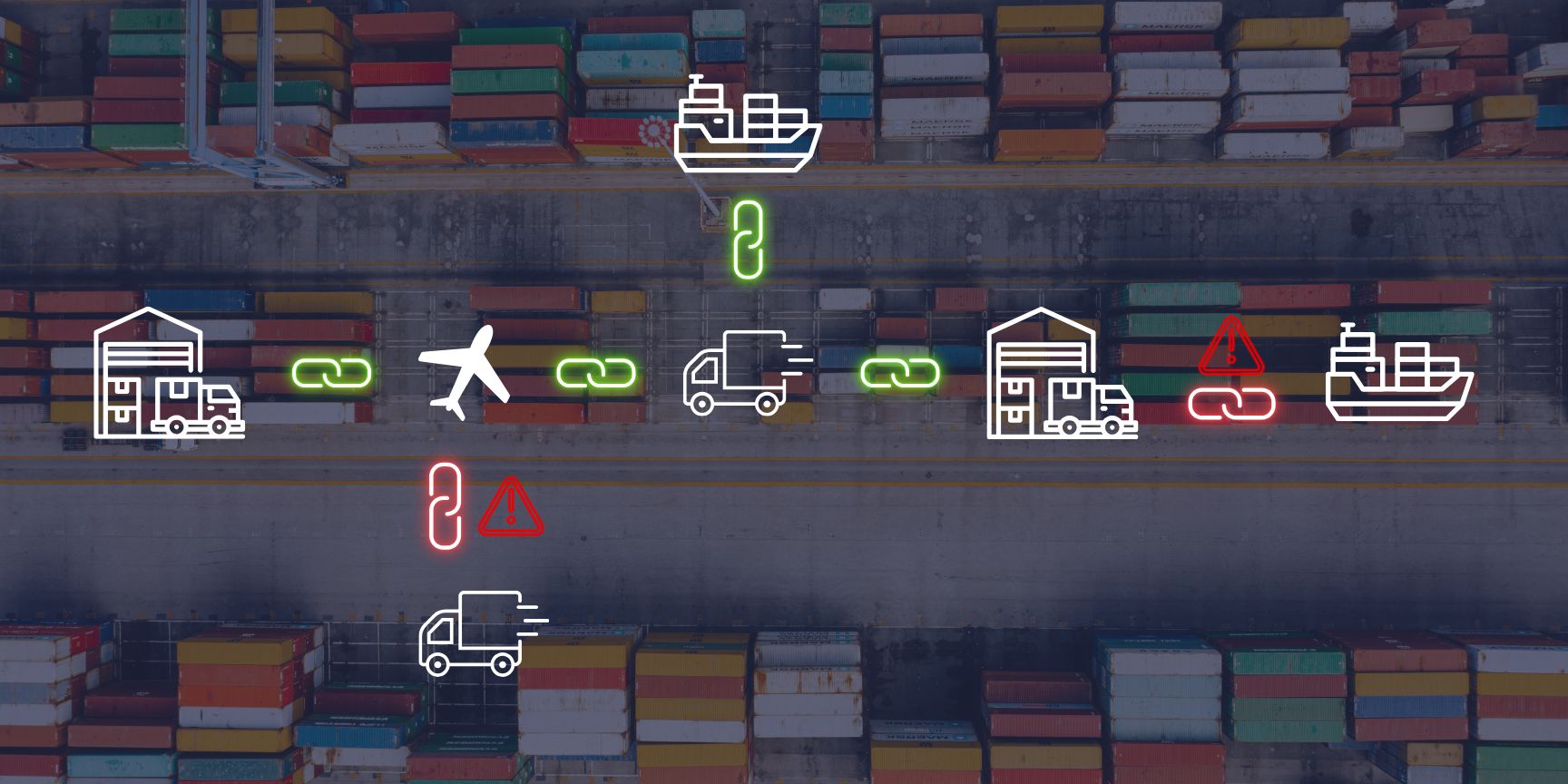 Symbolische Darstellung eines Cyberangriffs auf die digitale Lieferkette eines Logistikdienstleisters mit einem roten Warnsymbol.