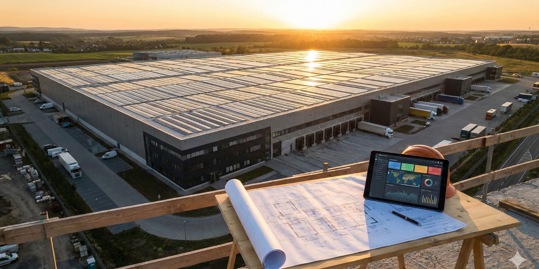 Moderne Logistikimmobilie mit Fokus auf Nachhaltigkeit und digitale Projektsteuerung.