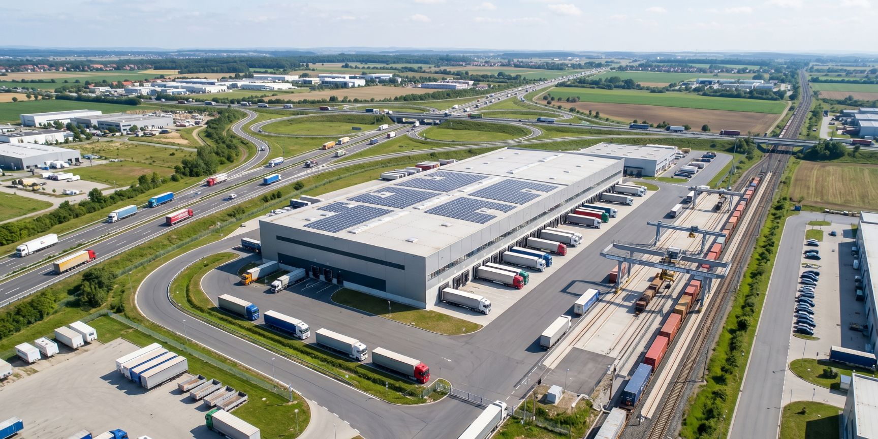Moderne Logistikimmobilie an einem trimodalen Standort mit direkter Autobahnanbindung, Lkw-Aktivität und Schienengüterverkehr für effiziente Logistikprozesse.