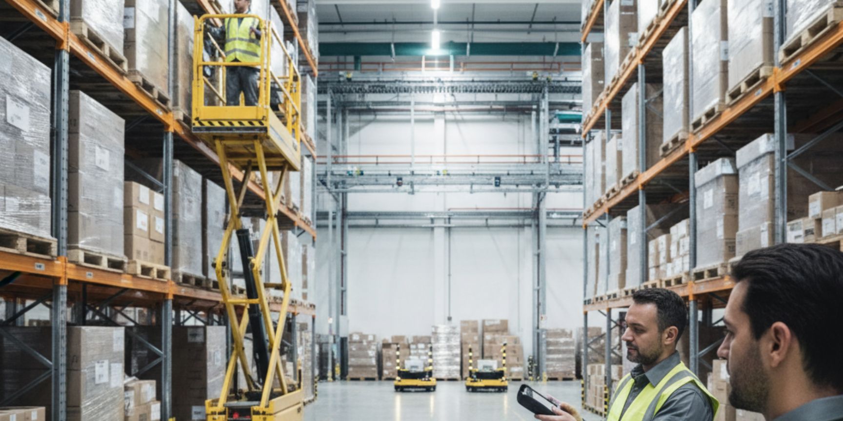 Modern warehouse with inventory staff and scanners, high-resolution image