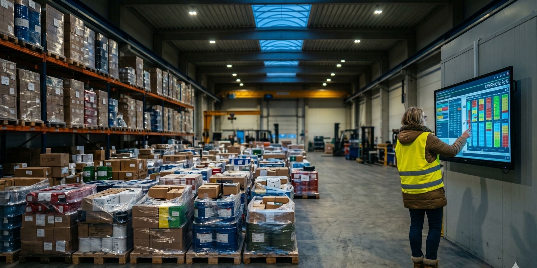 Logistics manager tracking warehouse overflow on an industrial monitor surrounded by stacked pallets at twilight.
