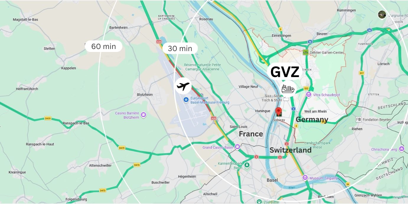 Infrastructure map of Weil am Rhein showing the strategic location of the GVZ, the Rhine harbor, and the nearby EuroAirport Basel-Mulhouse-Freiburg at the border triangle.