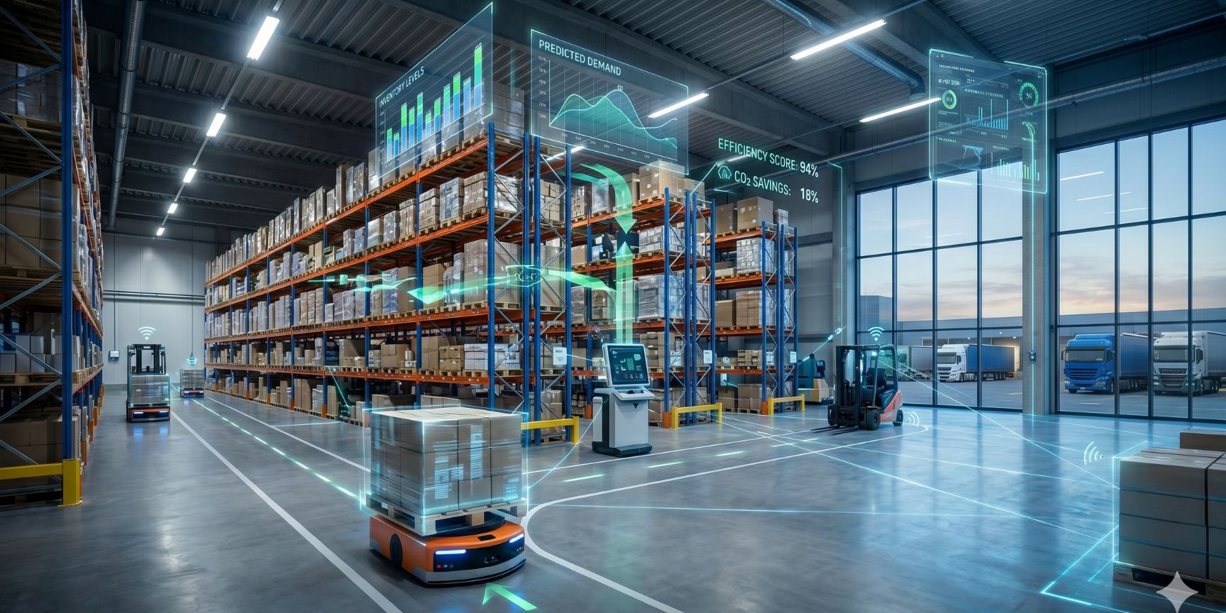 Futuristic smart warehouse with autonomous mobile robots (AMRs) and digital data dashboards displaying predictive logistics analytics and CO2 reduction metrics.