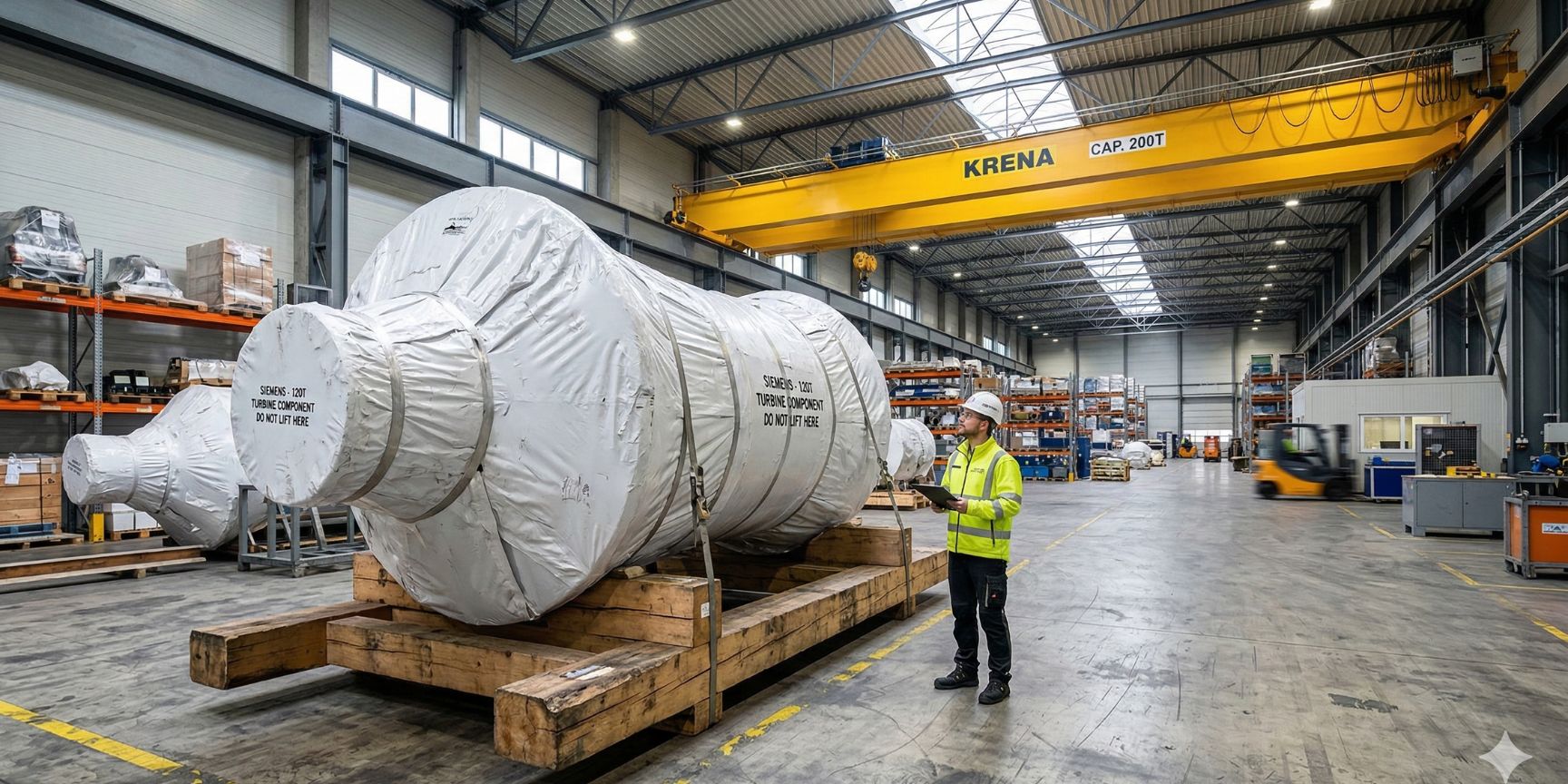 Lagerung einer 80-Tonnen Gasturbine in einer Schwerguthalle mit Brückenkran und verstärktem Betonboden.