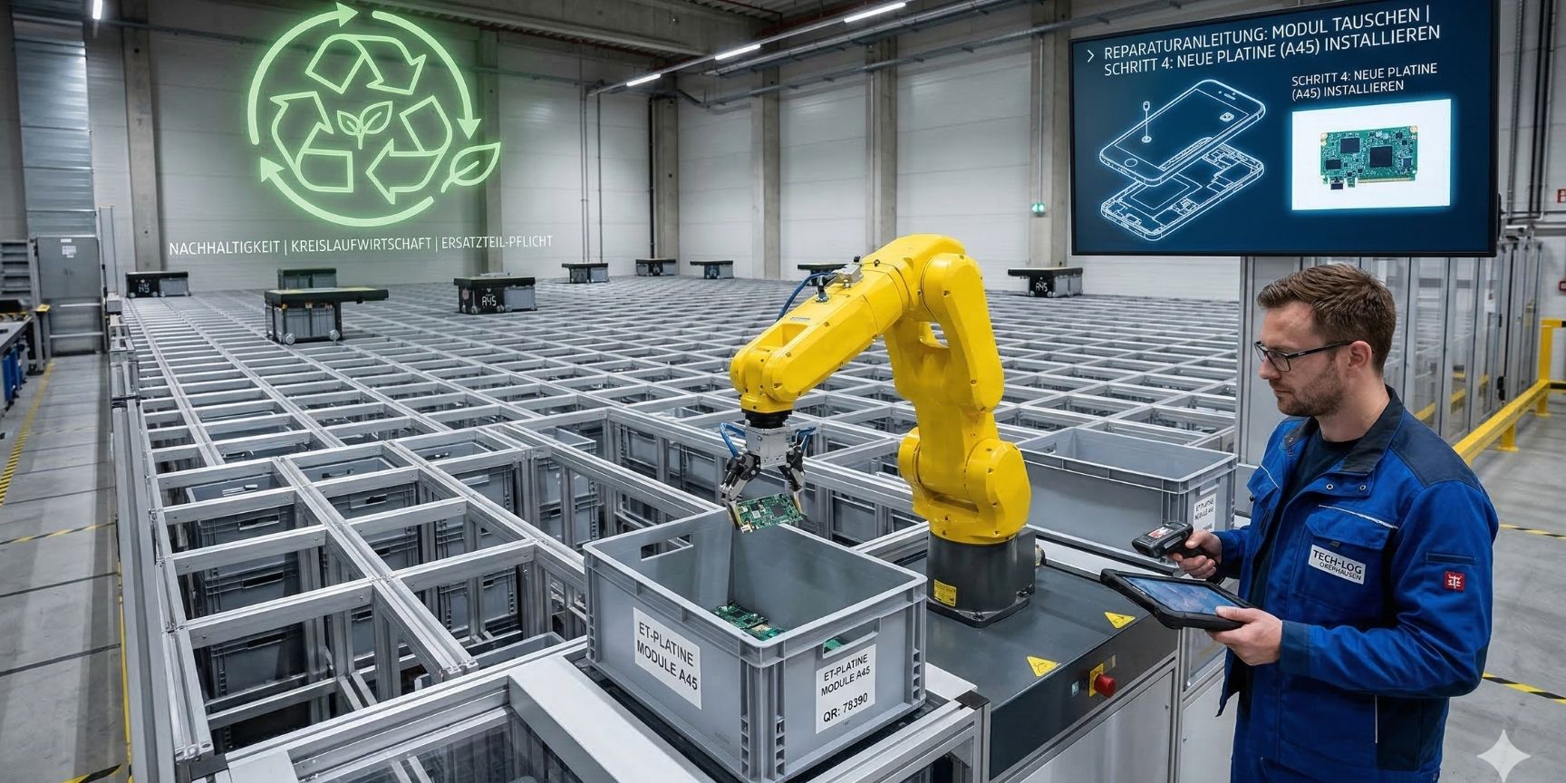 Automatisierte Ersatzteillogistik: Ein Roboterarm kommissioniert eine Platine in einem modernen Lager, ergänzt durch digitale Icons für Kreislaufwirtschaft und Reparaturanleitungen. Automatisierte Ersatzteillogistik: Ein Roboterarm kommissioniert eine Platine in einem modernen Lager, ergänzt durch digitale Icons für Kreislaufwirtschaft und Reparaturanleitungen.