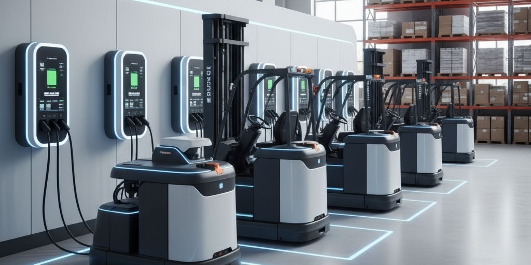 Moderne Ladeinfrastruktur in der Intralogistik: Eine Reihe autonomer Elektrostapler (AGVs) lädt an wandmontierten, digitalen Ladestationen in einem aufgeräumten Lager.