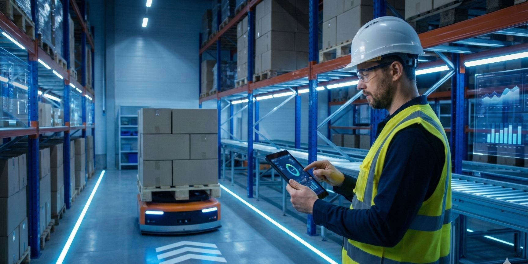 Menschlicher Mitarbeiter arbeitet kollaborativ mit einem Logistikroboter in einem modernen Lagerhaus – Symbolbild für Mindestlohn und KI