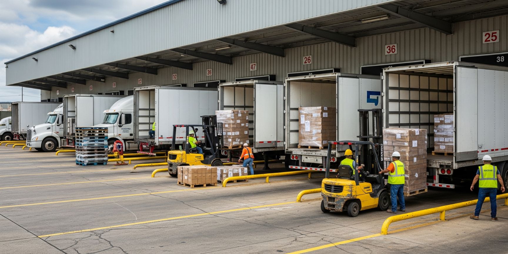 Mehrere LKW stehen an den Laderampen einer modernen Logistikhalle zur Be- und Entladung. Dies visualisiert den Wareneingang und -ausgang in einem zentralen Lager.