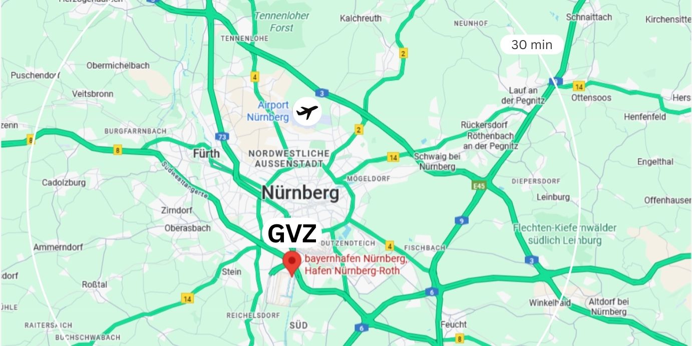 Karte von Nürnberg: Straßennetz, Autobahnen und Flughafen Nürnberg mit Anbindungen
