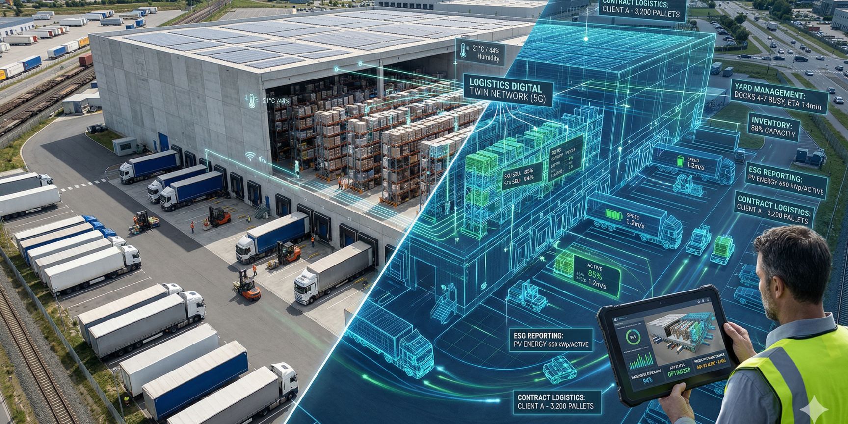 Digital Twin visualization of a modern logistics warehouse with real-time data overlay.