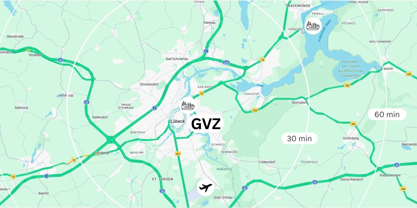 Logistics map of Lübeck showing international trade routes and infrastructure for road, maritime, and air freight.