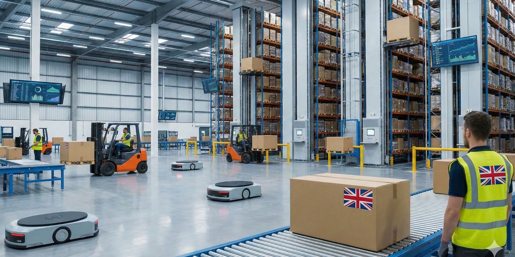 Modernes Hochregallager im Vereinigten Königreich mit automatisierter Robotik und Gabelstaplern, Symbol für professionelle Kontraktlogistik nach dem Brexit.