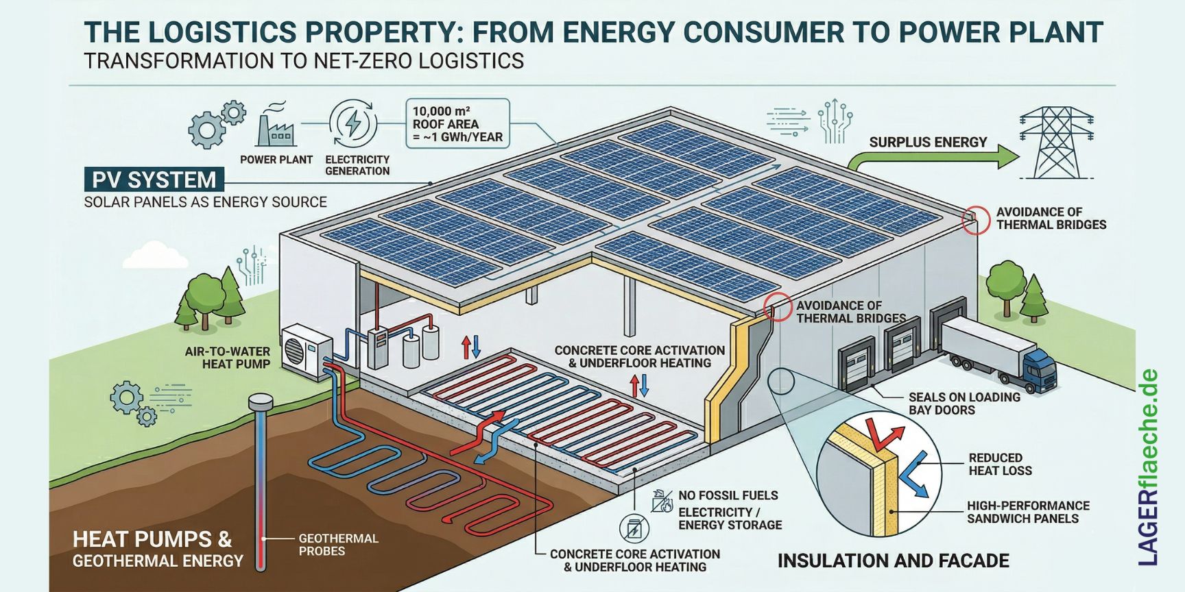 Infographic diagram showing a net-zero logistics warehouse transforming from an energy consumer to a power plant using solar panels, heat pumps, and high-performance insulation.