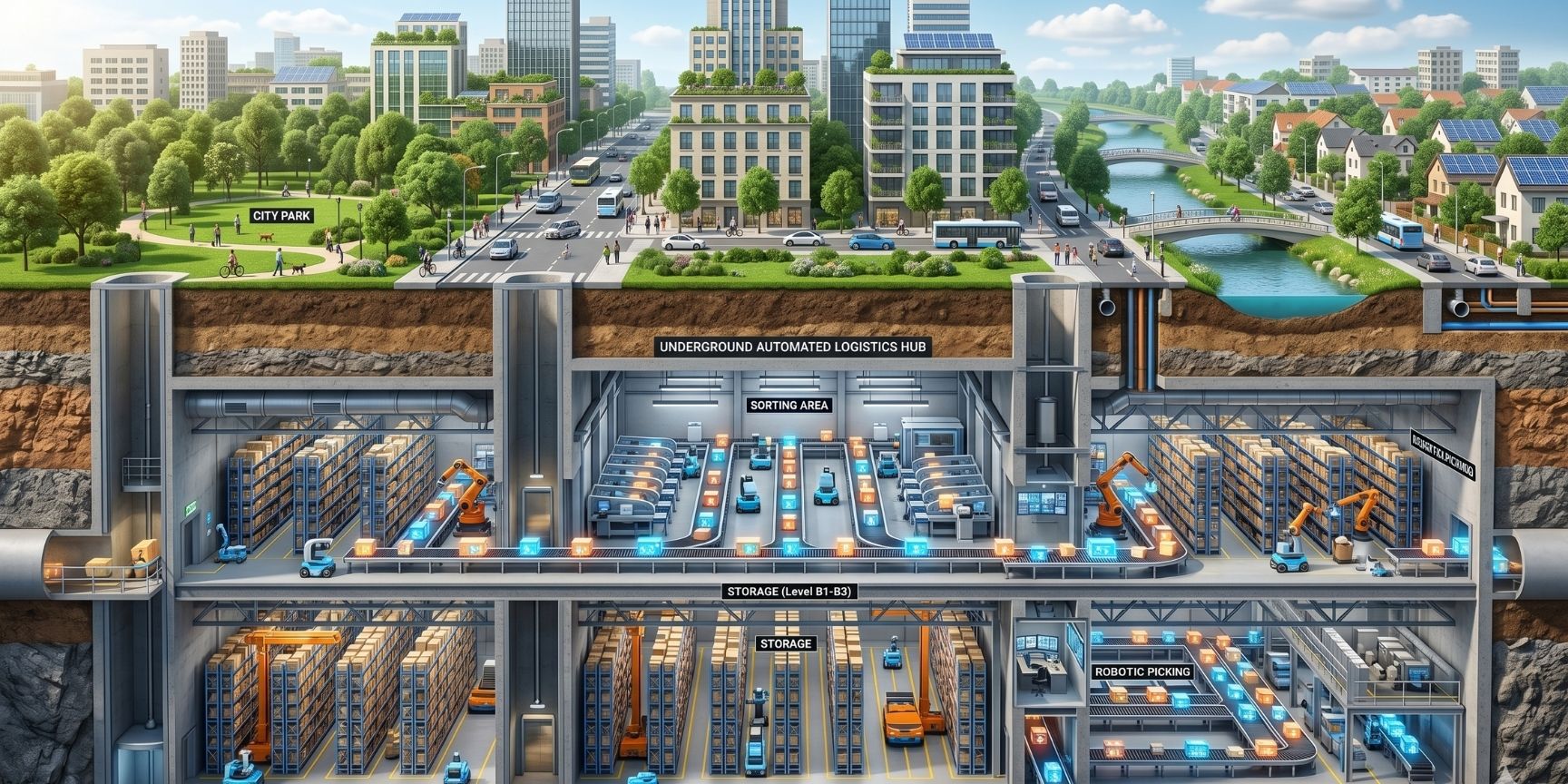 3D cross-section of a modern, green cityscape featuring a fully automated underground logistics center with working robots. 