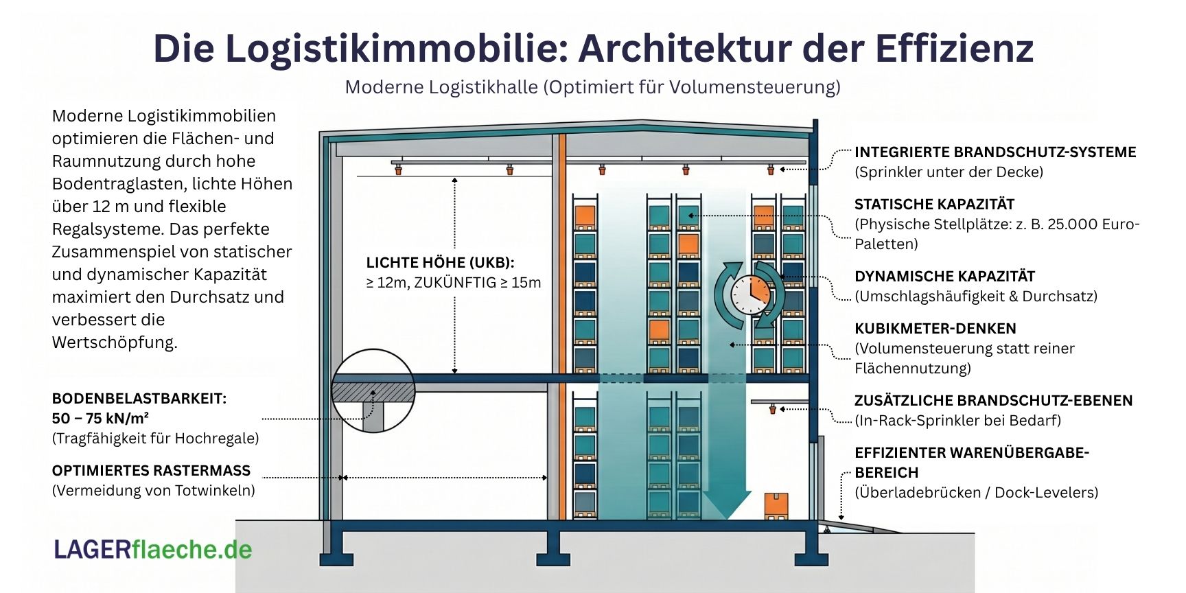 Architektonisches Hallen-Schnittdiagramm einer modernen Logistikimmobilie zur Veranschaulichung von statischer und dynamischer Hallenkapazität, lichter Höhe, Bodentraglast und optimaler Volumensteuerung im Lager.