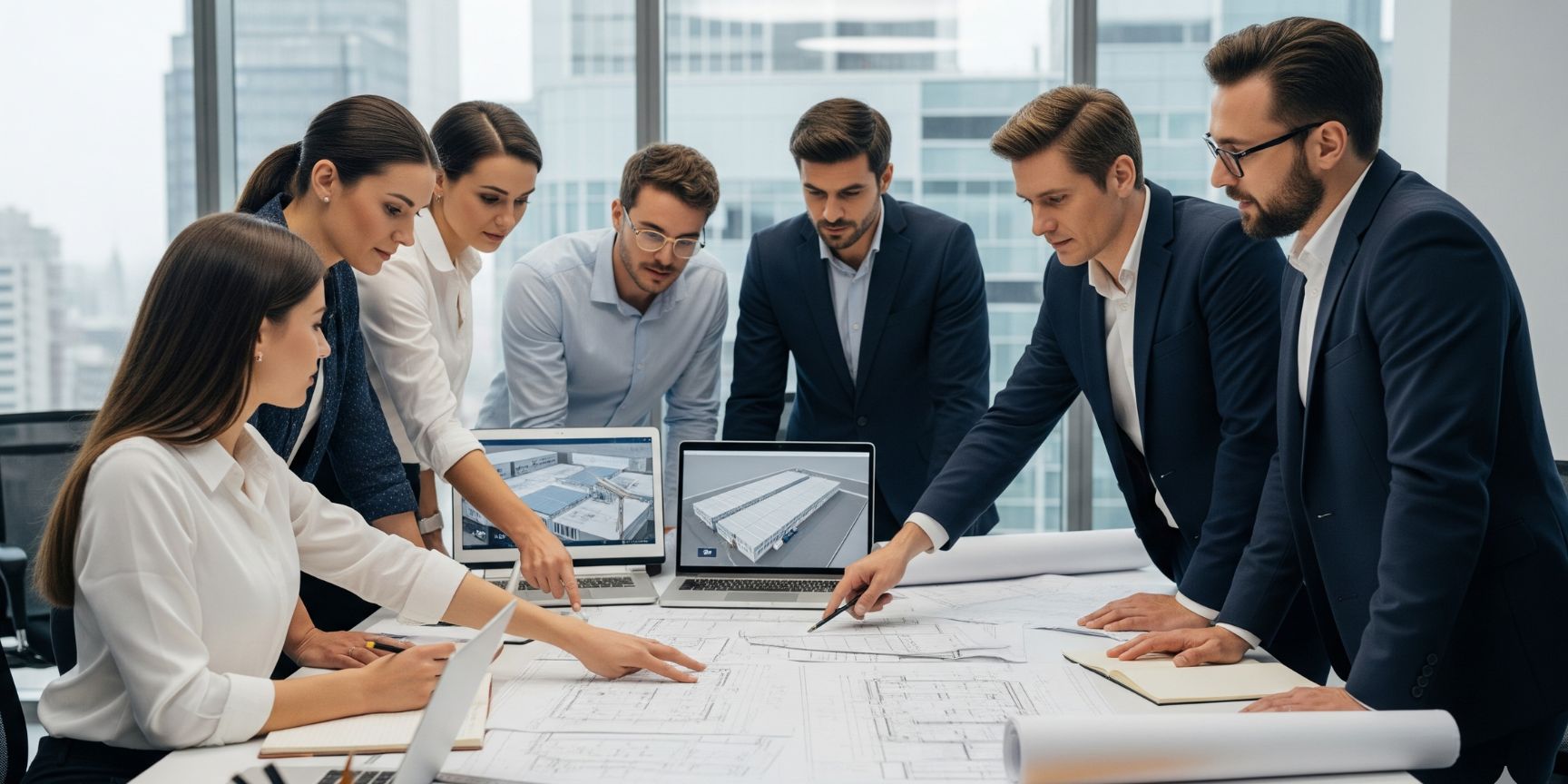 Ein Team aus Architekten und Projektentwicklern bespricht Baupläne für eine Logistikimmobilie in einem modernen Büro, was die kollaborative Konzeptionsphase der Projektentwicklung symbolisiert