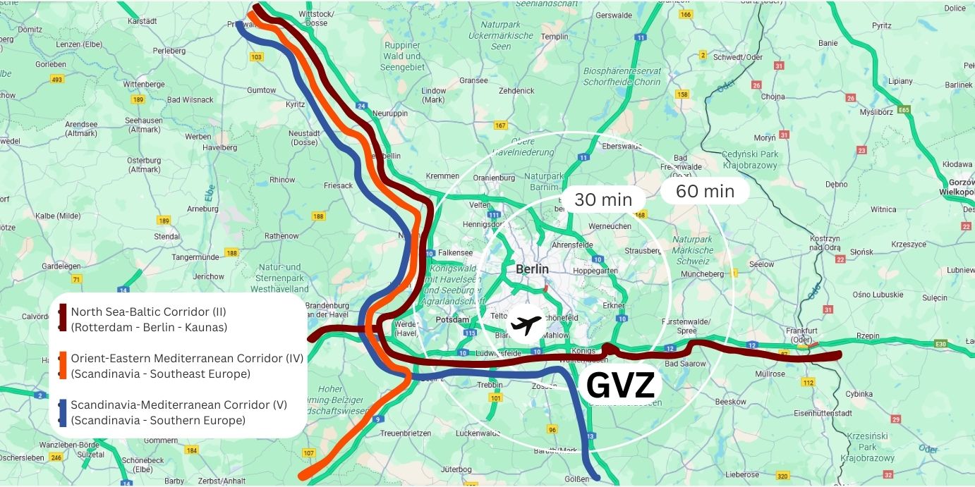 Map of Schönefelder Kreuz: Road network, motorways and Schönefelder Kreuz Airport with connections