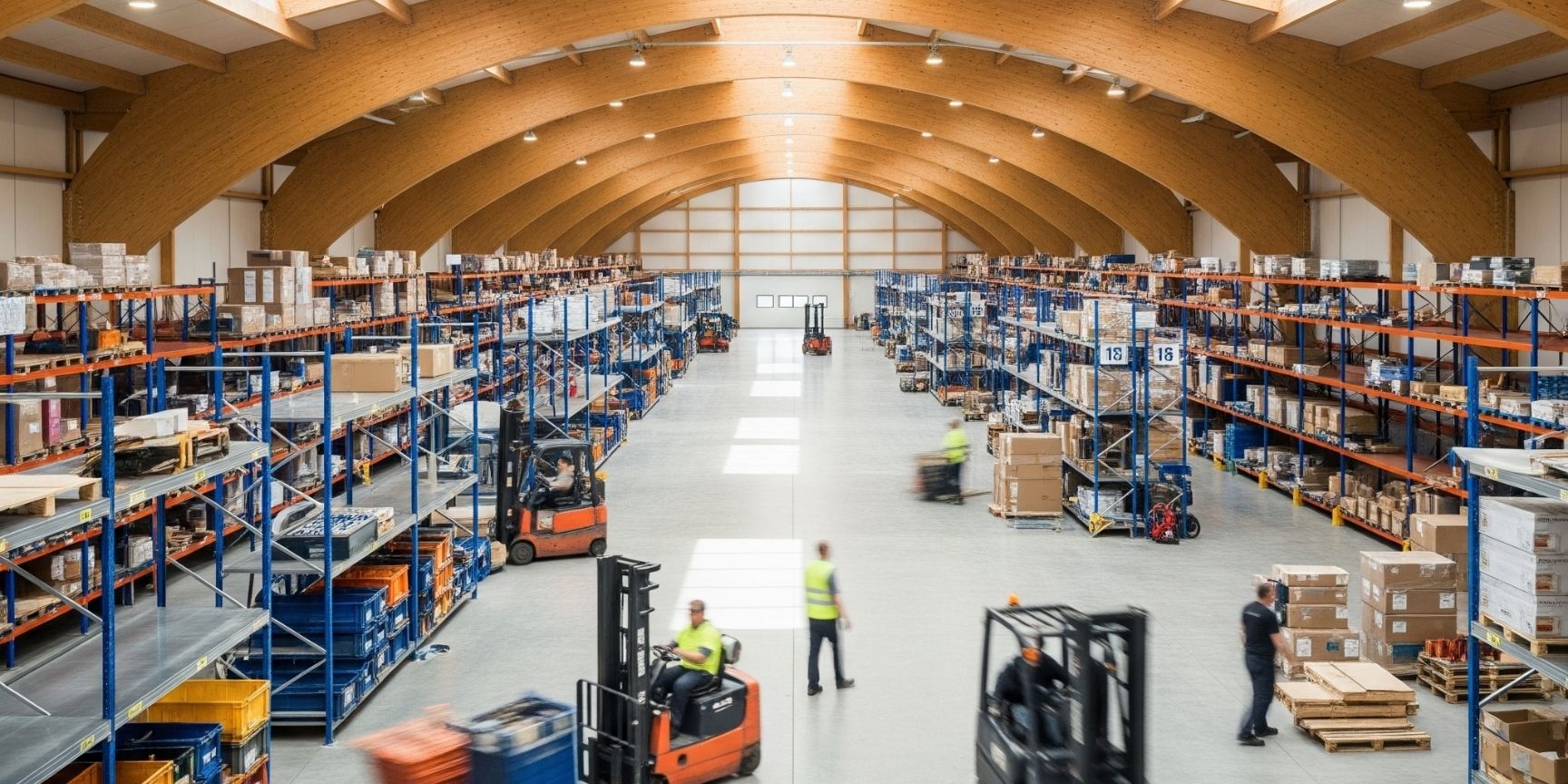 Nachhaltige Logistikhalle aus Holz: Moderne Lagerimmobilie mit Brettschichtholz-Trägern, viel Tageslicht und effizienter Lagerlogistik – ein Projektbeispiel für zeitgemäßen Hallenbau.