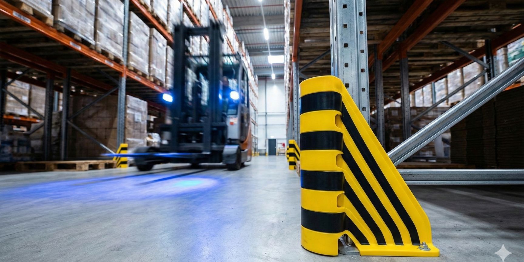 Moderner flexibler Anfahrschutz an einem Hochregal mit Gabelstapler im Hintergrund