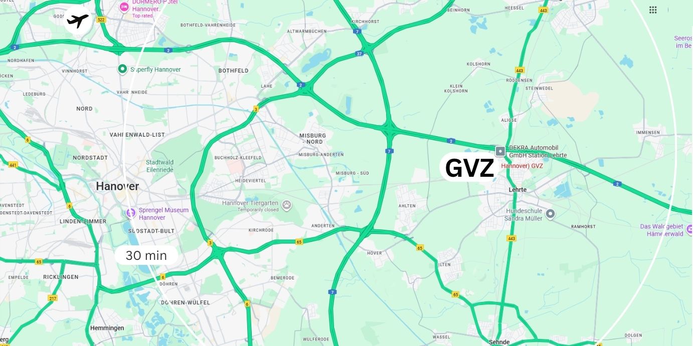 Karte von Hannover-Lehrte: Straßennetz, Autobahnen und Flughafen Hannover-Lehrte mit Anbindungen