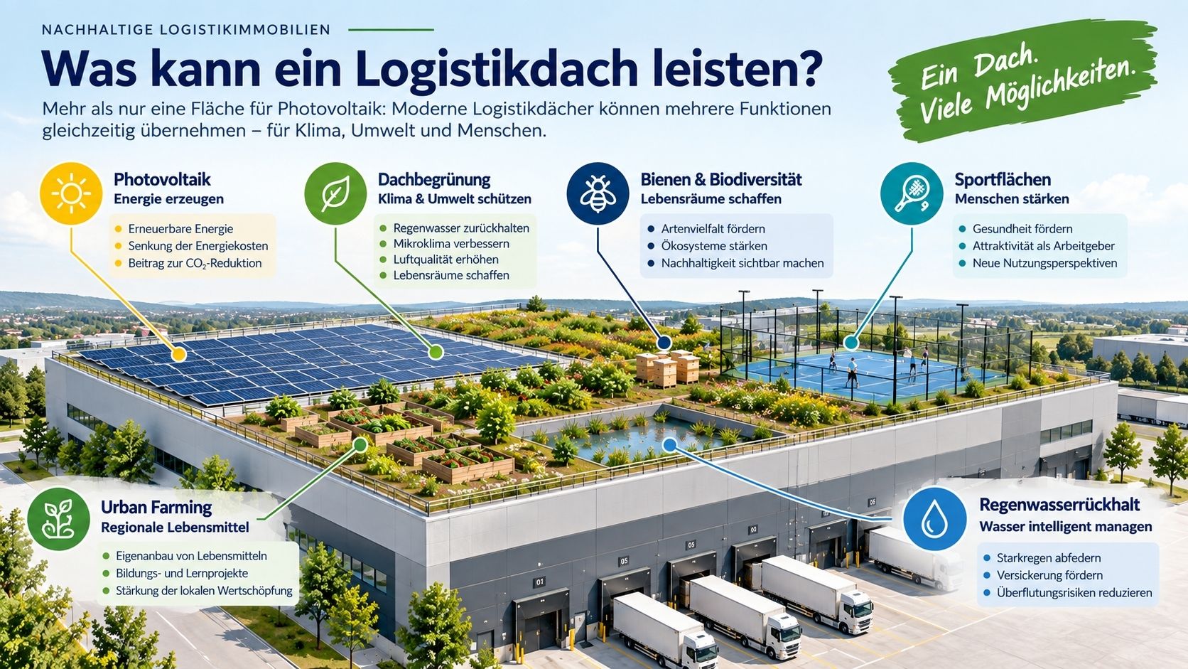 Infografik zu den Möglichkeiten eines Logistikdachs mit Photovoltaik, Dachbegrünung, Biodiversität, Urban Farming, Sportflächen und Regenwasserrückhalt