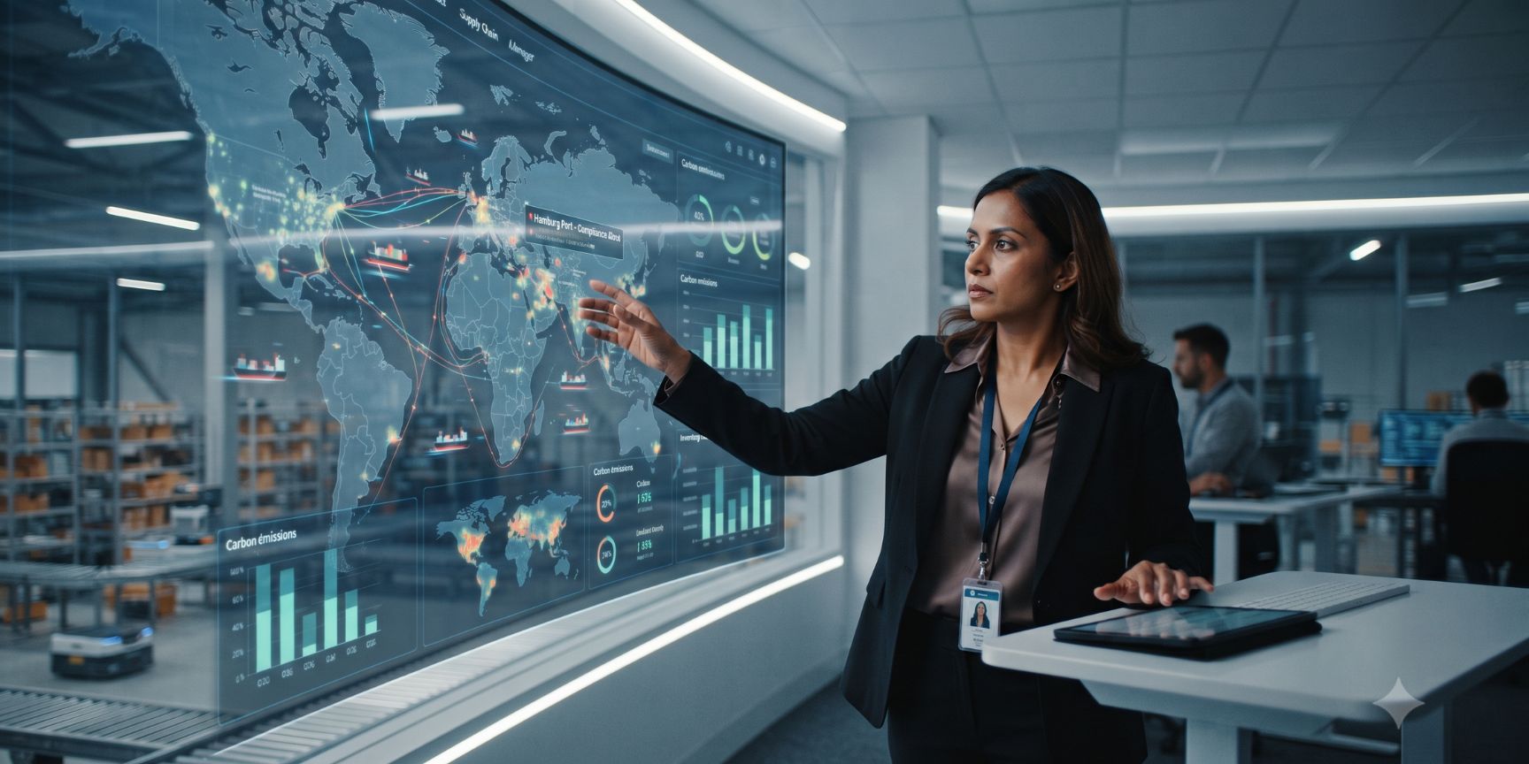 Supply-Chain-Manager analysiert globale Logistikdaten auf einem digitalen Dashboard in einer modernen Leitwarte. Supply-Chain-Manager analysiert globale Logistikdaten auf einem digitalen Dashboard in einer modernen Leitwarte.