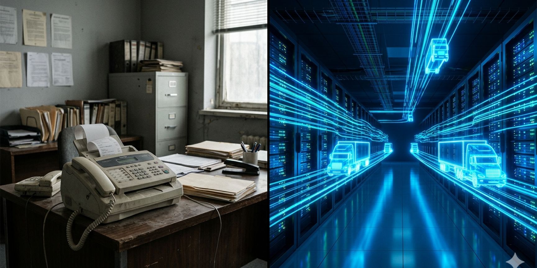 Split-screen visual contrasting a dusty German office with a fax machine against a high-tech Estonian server room featuring glowing digital truck silhouettes. Split-screen visual contrasting a dusty German office with a fax machine against a high-tech Estonian server room featuring glowing digital truck silhouettes.