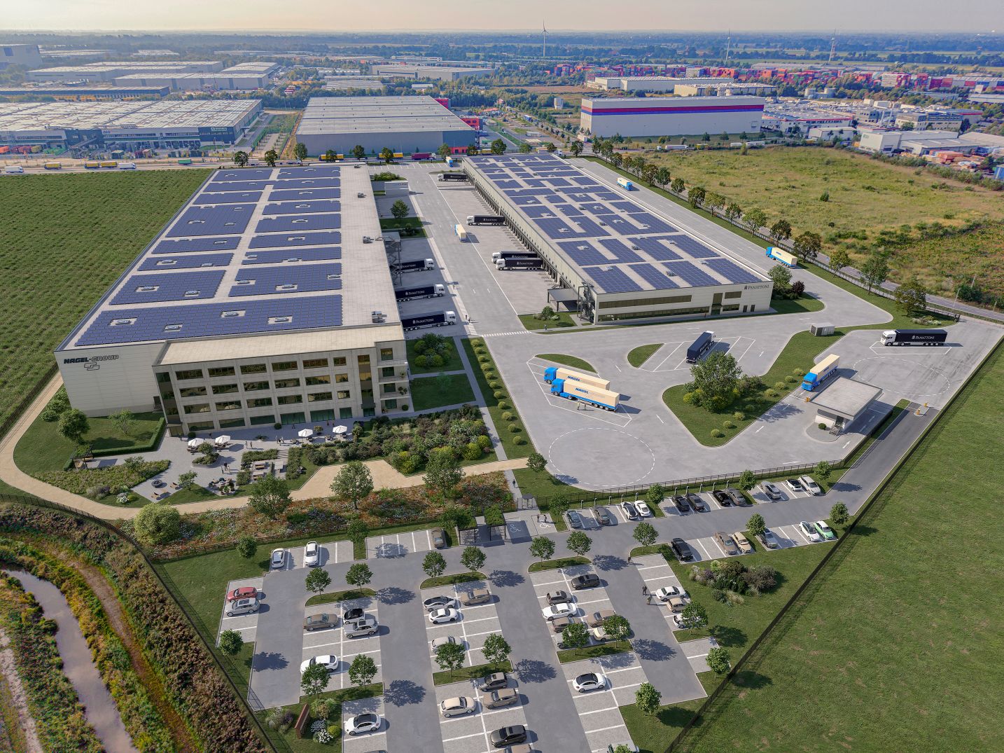Nagel-Group, Visualisierung des neuen Mega-Centers im GVZ Bremen: Der rund 36.650 m² große Neubau wird speziell auf die Anforderungen der Lebensmittellogistik zugeschnitten. Die Fertigstellung ist für Ende 2027 geplant. (Bild: Panattoni)