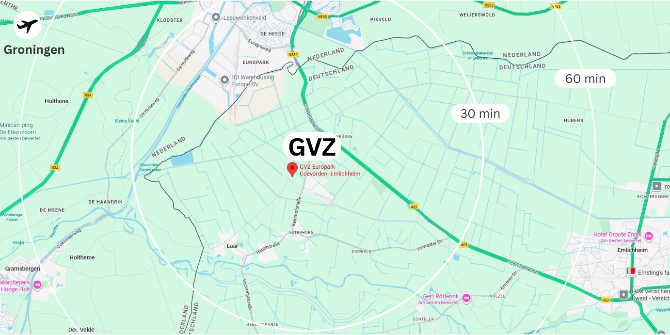 Karte von GVZ Europark Coevorden-Emlichheim: Straßennetz, Autobahnen und Flughafen GVZ Europark Coevorden-Emlichheim mit Anbindungen