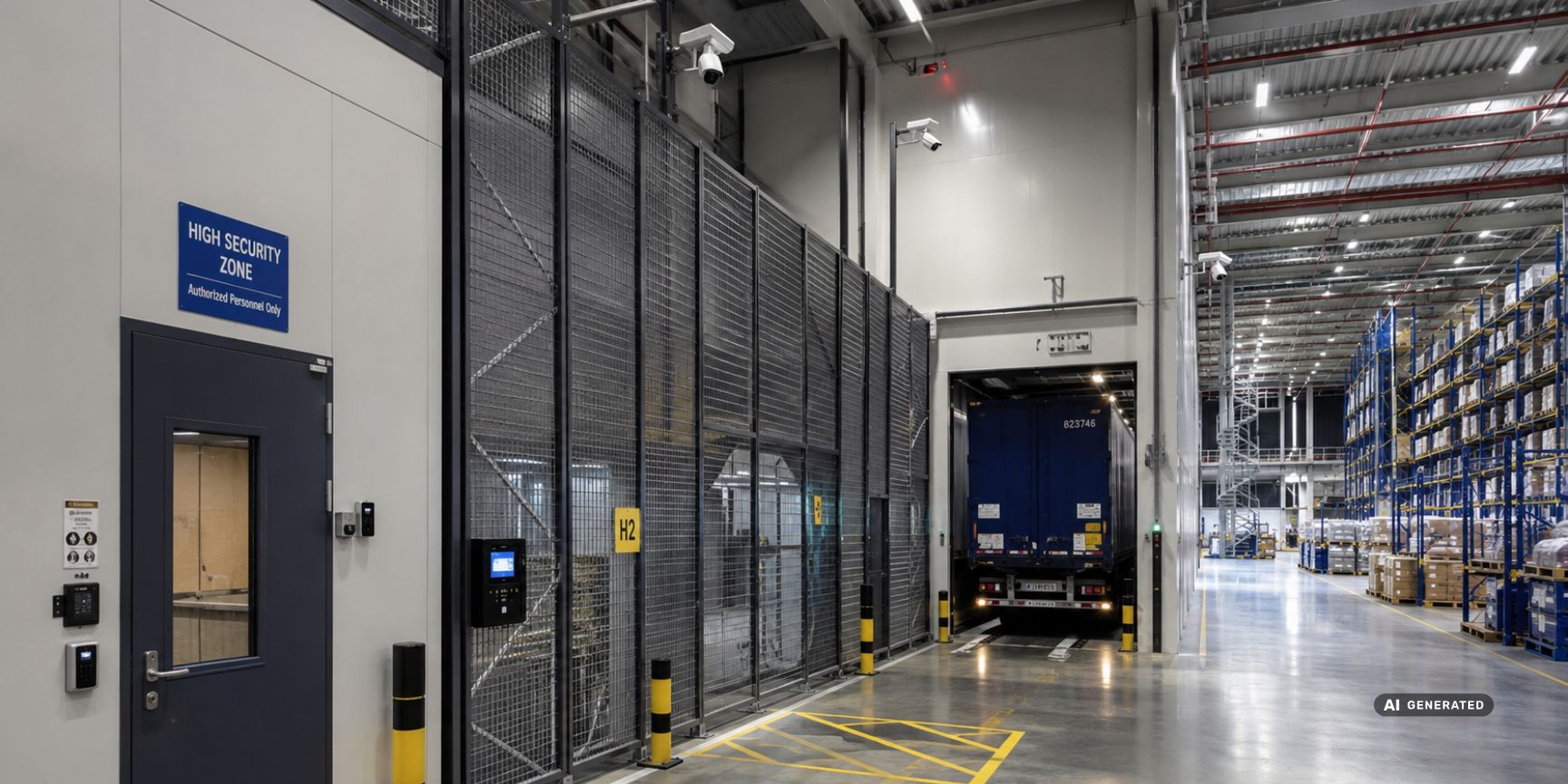 High-security storage within a logistics facility, featuring secure goods handover and biometric access control. High-security storage within a logistics facility, featuring secure goods handover and biometric access control.