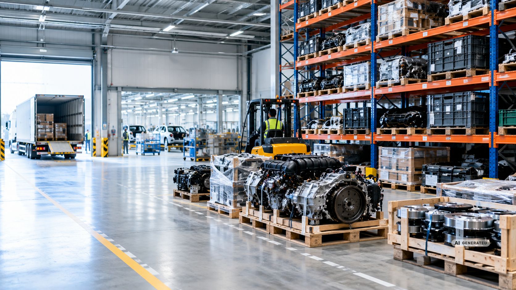 Automobilkomponenten, die in einem modernen Logistiklager gelagert werden, das die Lieferketten der Fahrzeugindustrie in Mitteleuropa bedient