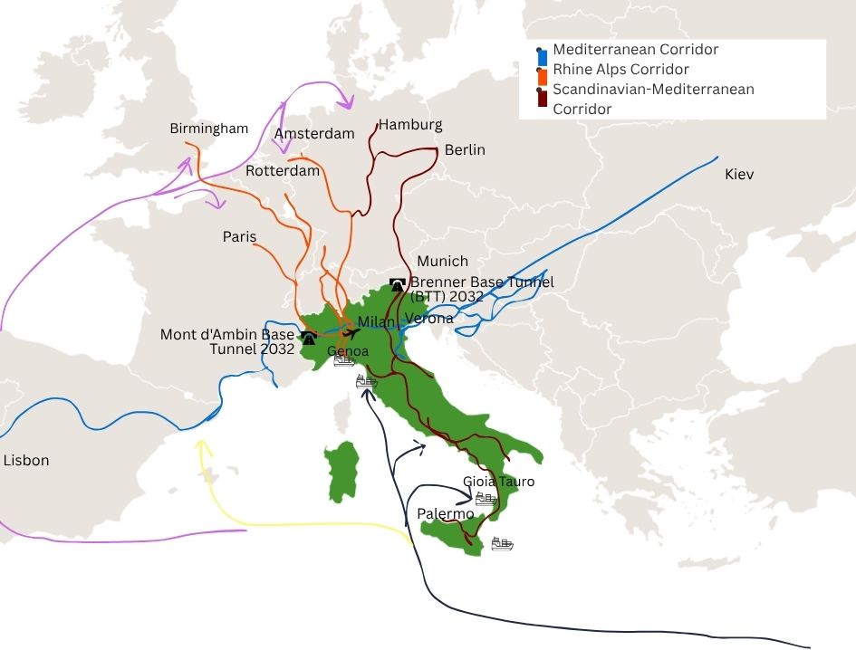 Map of Italy showing the primary TEN-T transport corridors and logistics hubs.