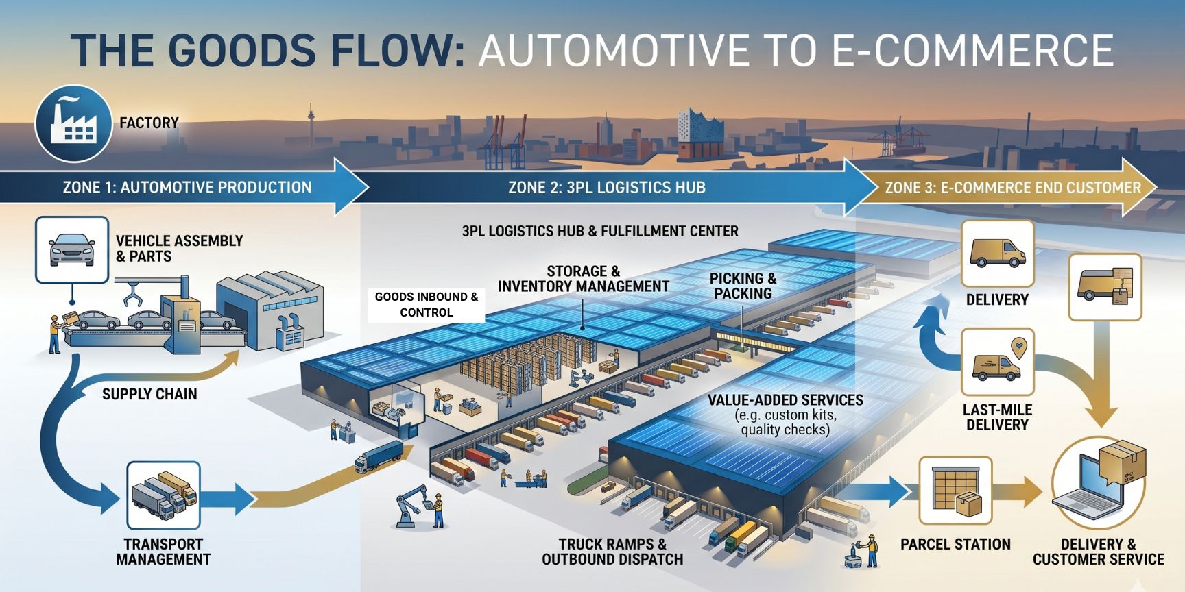 Supply chain infographic showing the flow of goods from automotive factory production to a 3PL logistics hub for picking and packing, ending with e-commerce last-mile delivery.