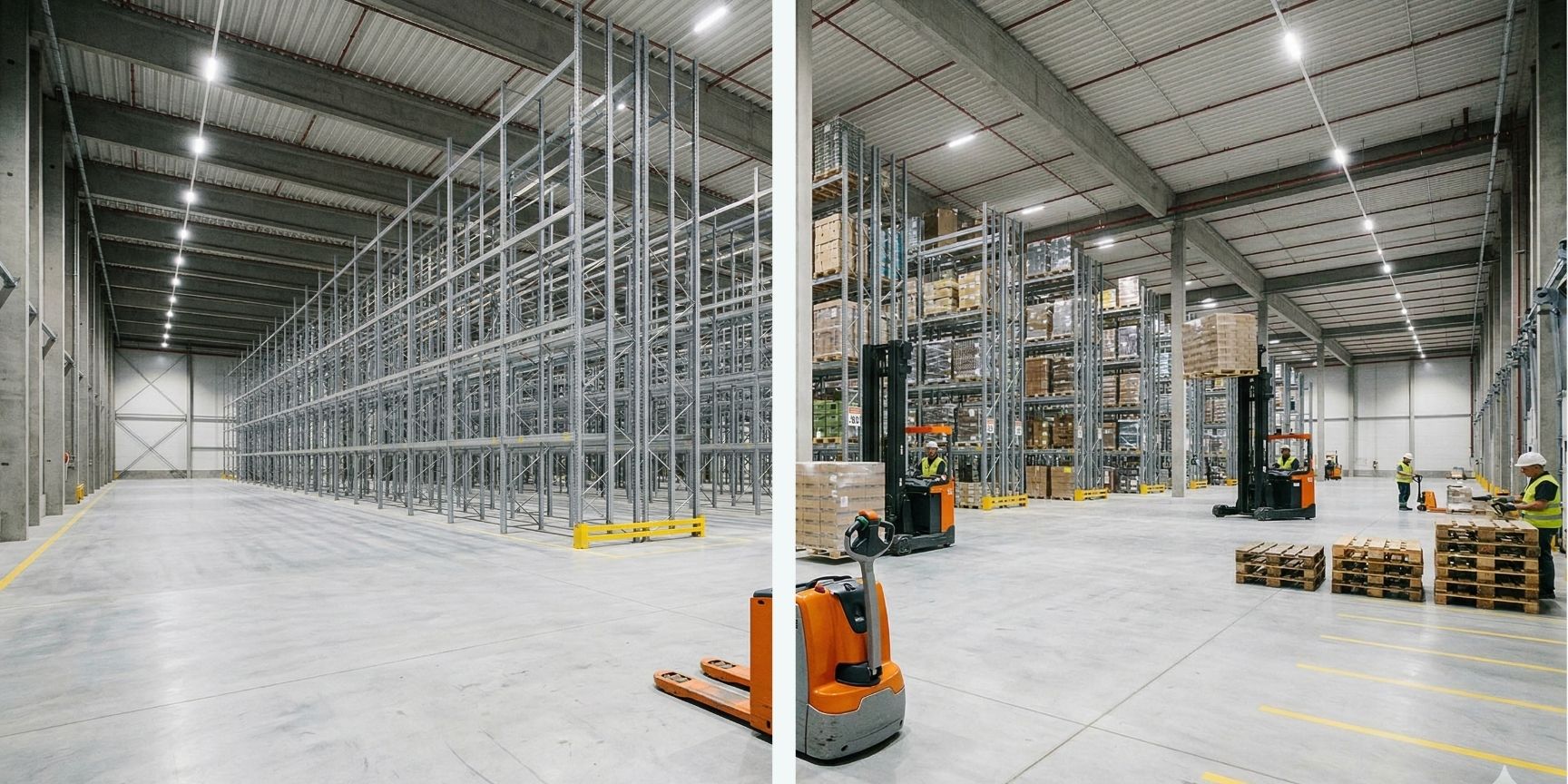 Ein zweigeteiltes Bild (Split-Screen) kontrastiert eine leere, moderne Logistikhalle mit einem einsamen Gabelstapler im Vordergrund mit einem Bild derselben Halle, die voll ausgelastet und mit regem Betrieb (Mitarbeitern und Waren) gefüllt ist. Ein zweigeteiltes Bild (Split-Screen) kontrastiert eine leere, moderne Logistikhalle mit einem einsamen Gabelstapler im Vordergrund mit einem Bild derselben Halle, die voll ausgelastet und mit regem Betrieb (Mitarbeitern und Waren) gefüllt ist.