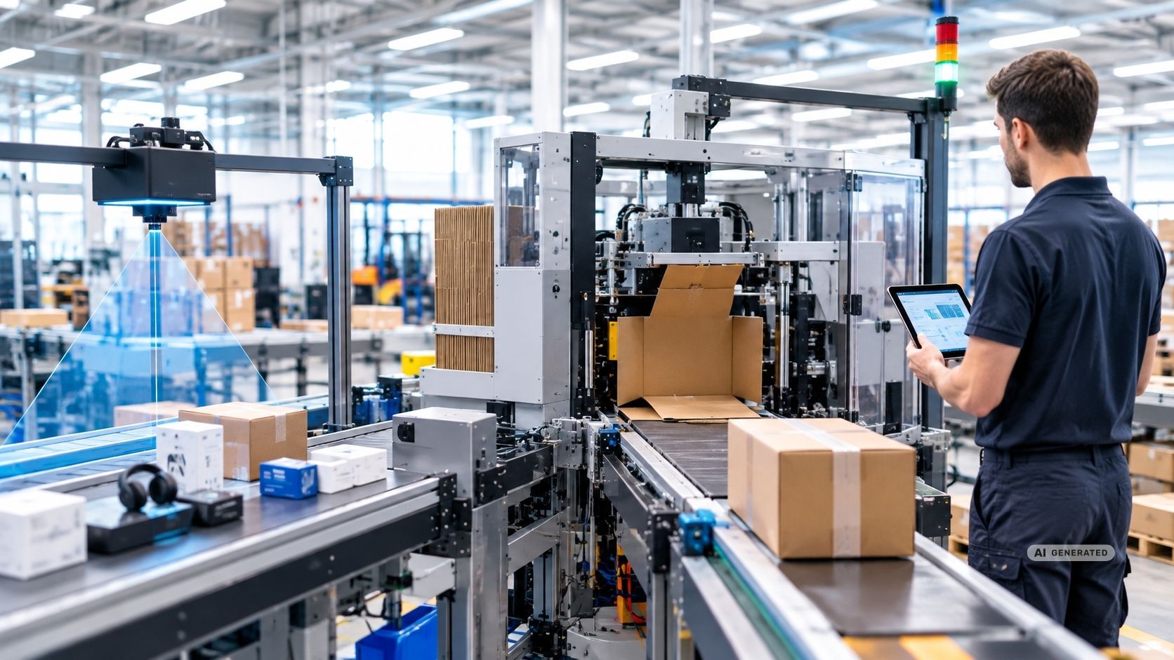 Automatisierte Verpackungslinie in einem modernen Logistikzentrum mit 3D-Scan, Kartonbildung, Fördertechnik und Mitarbeiter Automatisierte Verpackungslinie in einem modernen Logistikzentrum mit 3D-Scan, Kartonbildung, Fördertechnik und Mitarbeiter