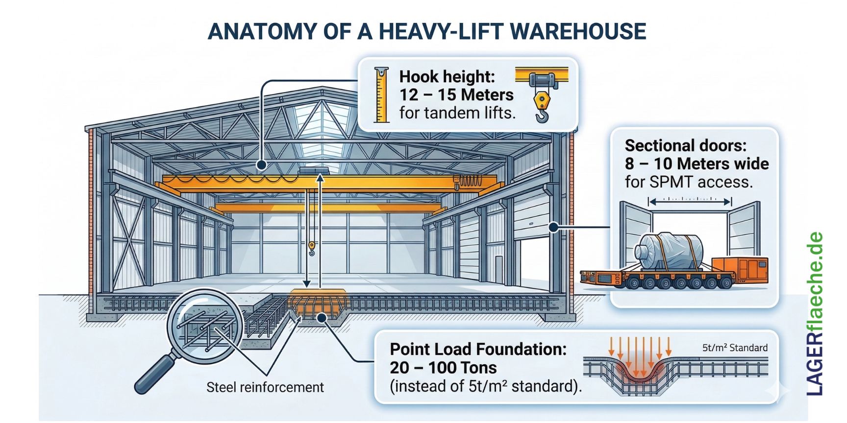 Diagram showing the anatomy of a heavy-lift warehouse with details on crane height, wide doors, and reinforced concrete foundations.
