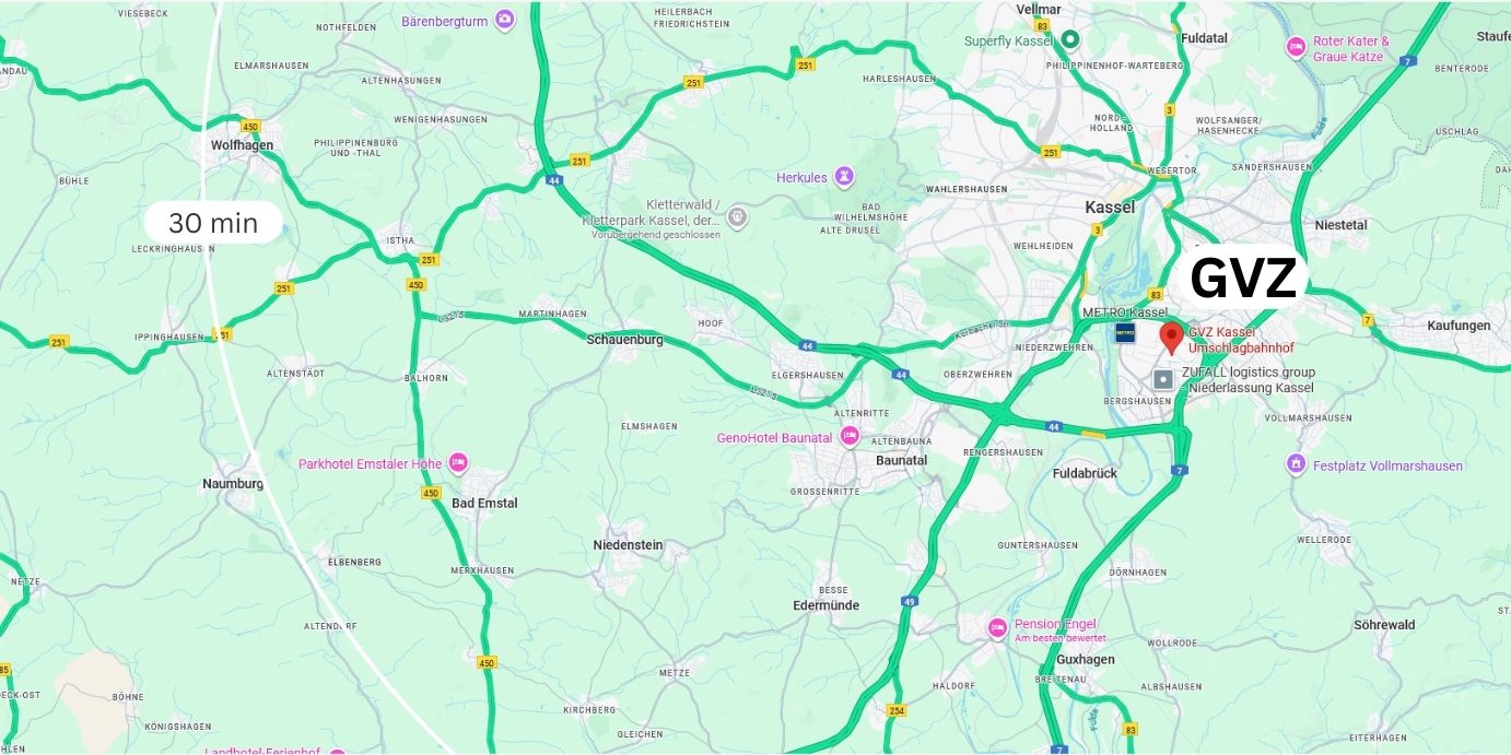 Karte der Logistikregion Kassel mit Einzeichnung der Autobahnen A7, A44 und A49 sowie den Standorten Lohfelden und Fuldabrück