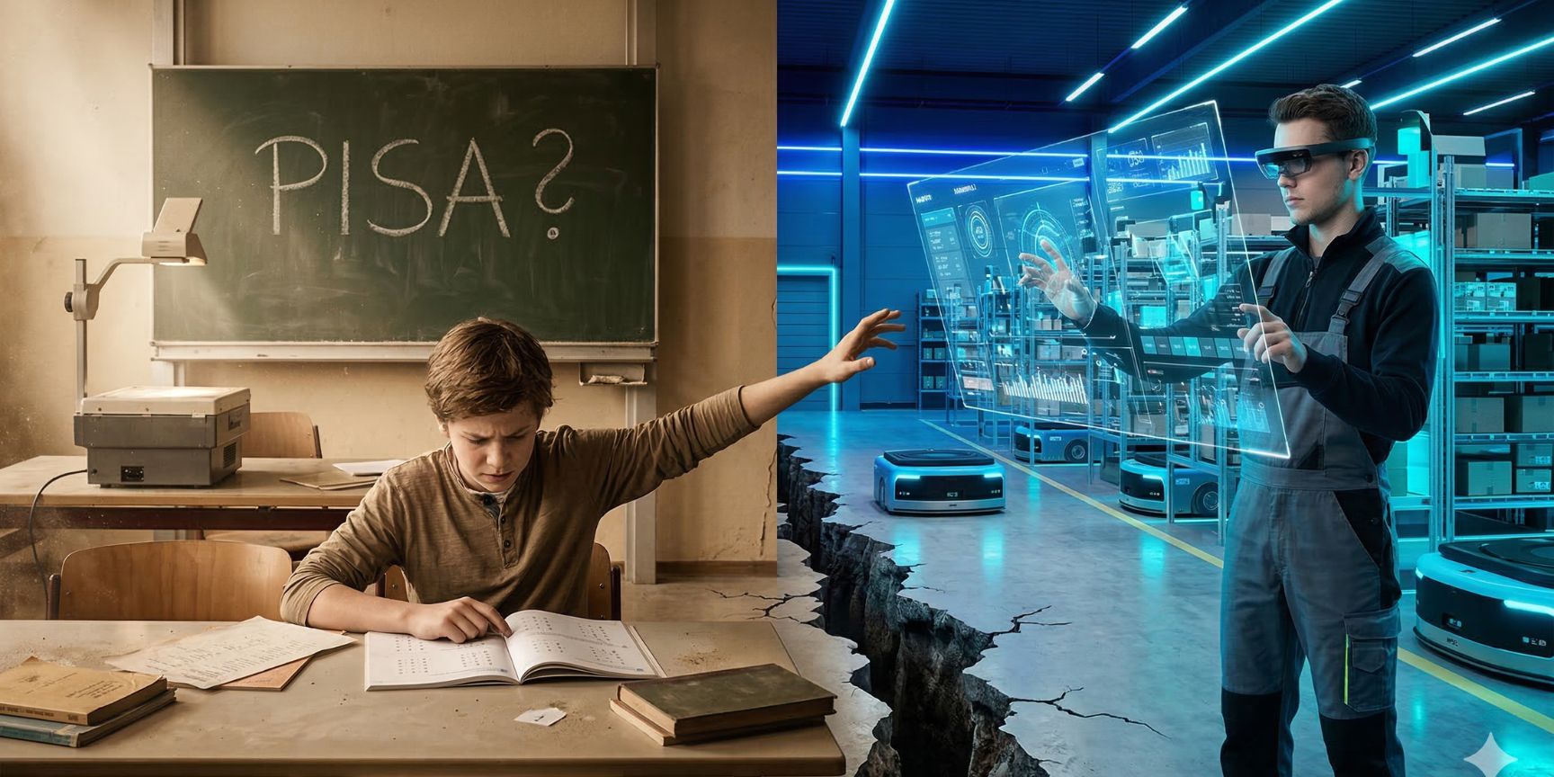 Split-Screen-Darstellung: Links ein altmodisches Klassenzimmer mit dem Wort PISA auf der Tafel, rechts ein modernes Logistikzentrum, in dem ein Mitarbeiter ein KI-Hologramm bedient.
