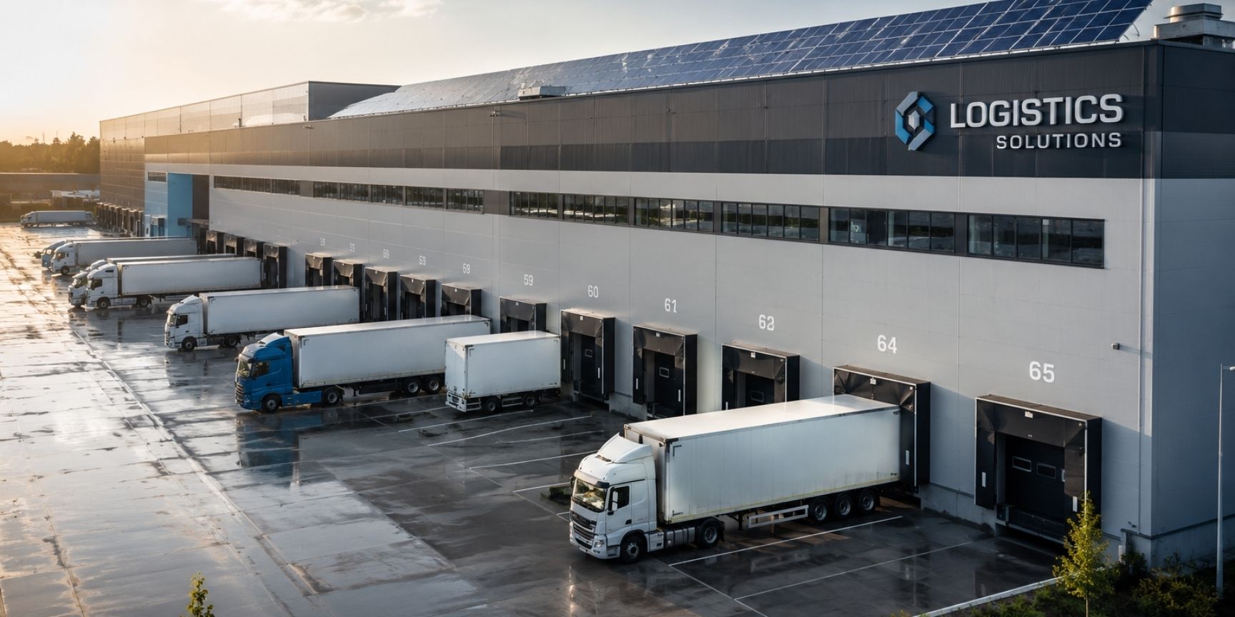 Moderne europäische Logistikhalle mit mehreren Lkw an Verladerampen, großem Distributionszentrum, Solaranlage und moderner Infrastruktur.