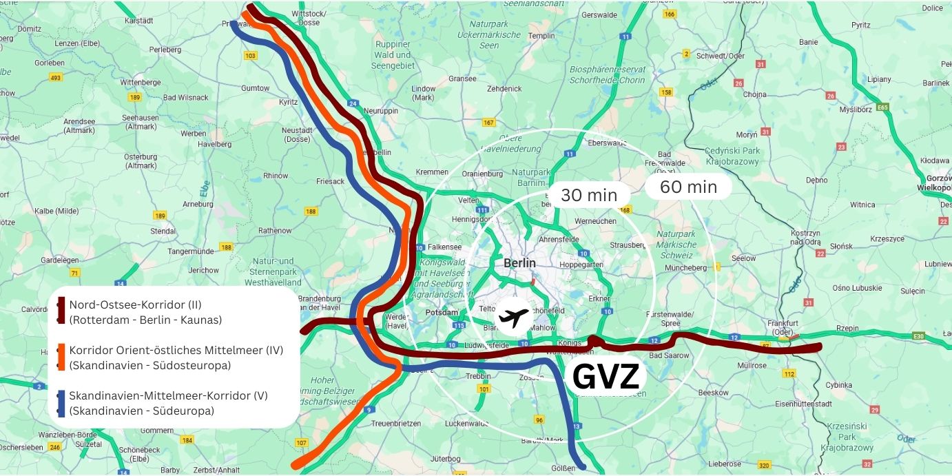 Karte von Schönefelder Kreuz: Straßennetz, Autobahnen und Flughafen Schönefelder Kreuz mit Anbindungen