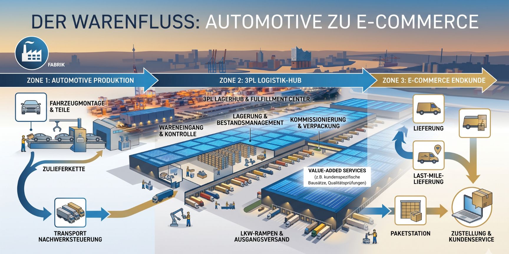 Infografik zum Warenfluss von der Automotive-Produktion über ein 3PL-Logistikzentrum mit Lagerung und Verpackung bis zur Last-Mile-Zustellung im E-Commerce.