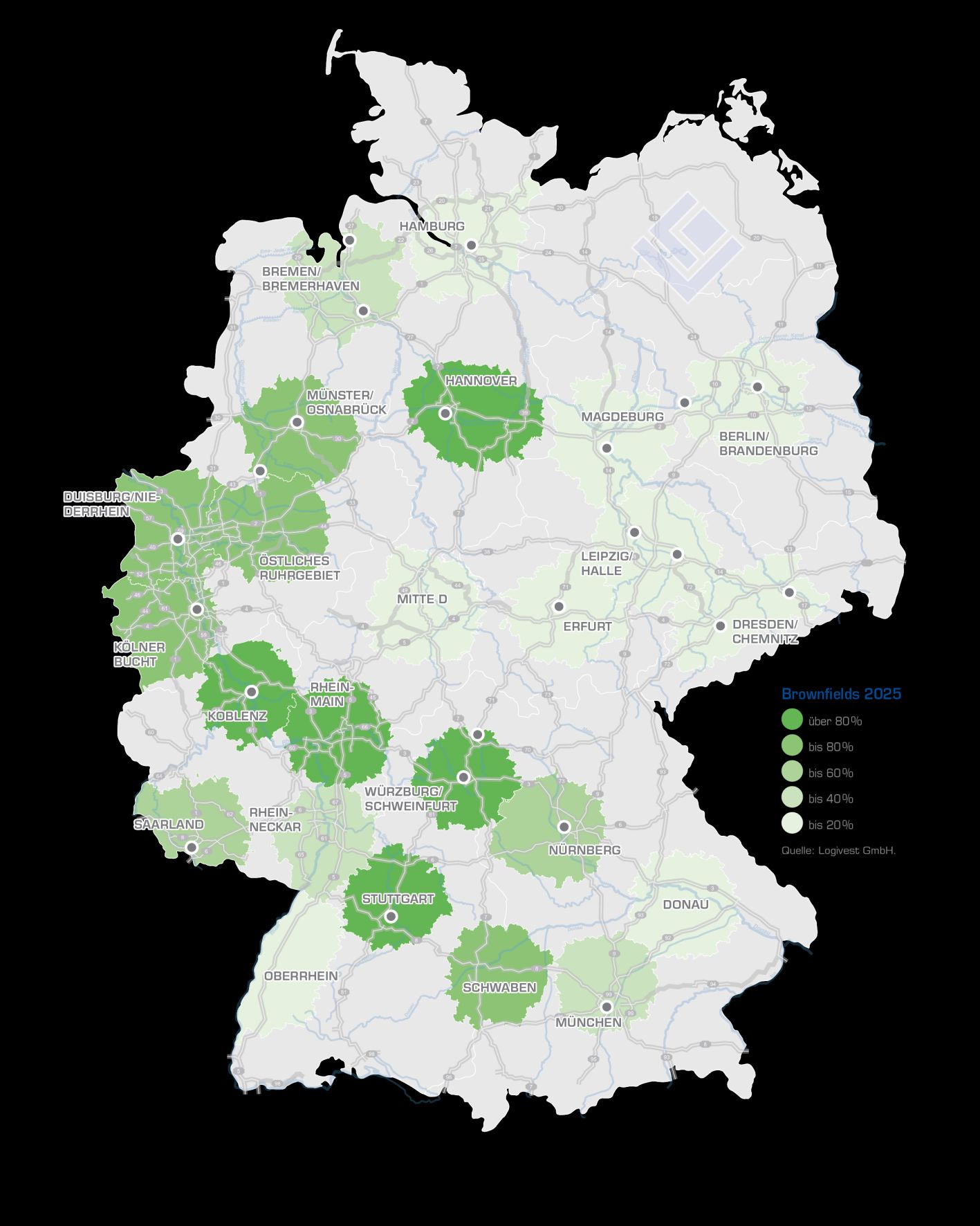Die Logivest GmbH berichtet auf Basis eigener Researchdaten im Seismographen 2025/26, ihrem jährlichen Bericht zum Neubauvolumen, über die Entwicklung von Brownfields. Copyright: Logivest GmbH. 