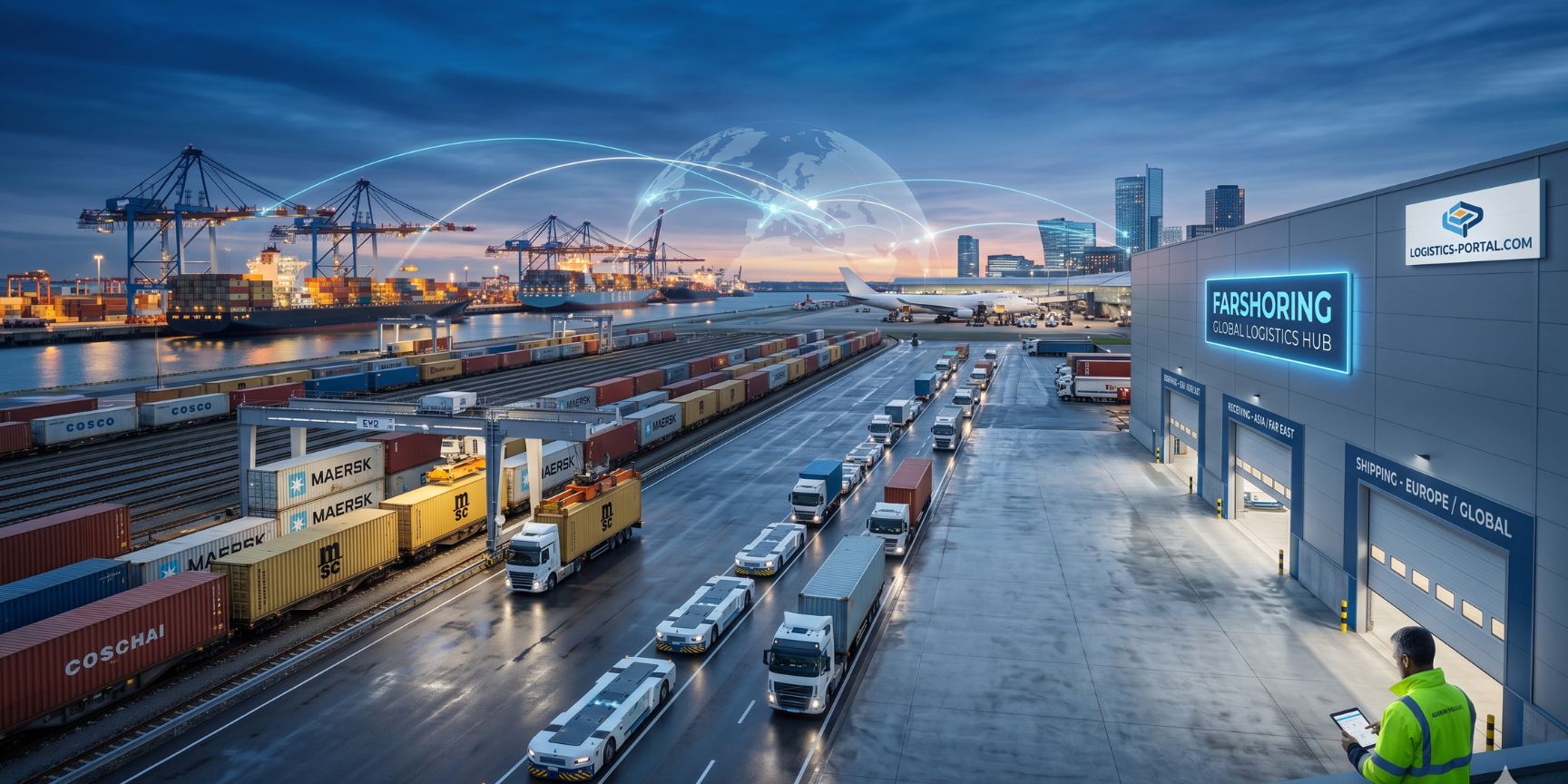 High-angle view of a modern global logistics hub at twilight featuring a container port, shipping vessels, an automated warehouse with trucks and AGVs, and a digital globe network overlay symbolizing Farshoring.